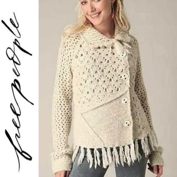 Free People Sweaters - Free People Cream Chunky Open Knit Boho Button Front Fringe Cardigan Sweater M